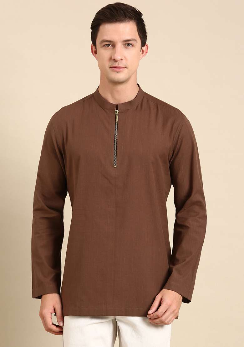 Brown Malai Cotton Short Kurta For Men - Indya