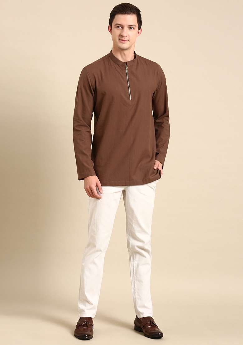 Brown Malai Cotton Short Kurta For Men - Indya