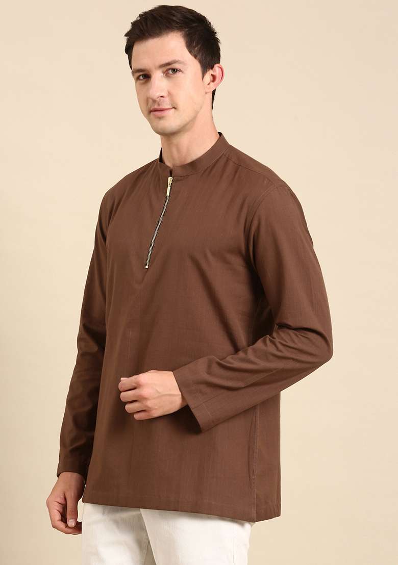 Brown Malai Cotton Short Kurta For Men - Indya