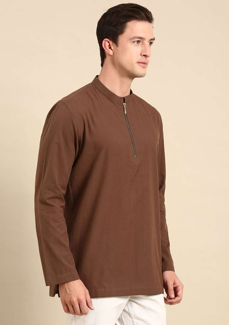 Brown Malai Cotton Short Kurta For Men - Indya