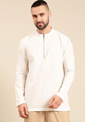 White Malai Cotton Short Kurta For Men