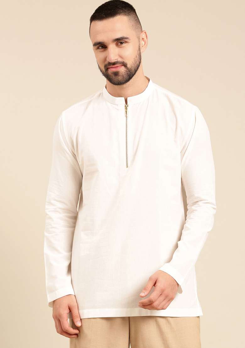 White Malai Cotton Short Kurta For Men - Indya