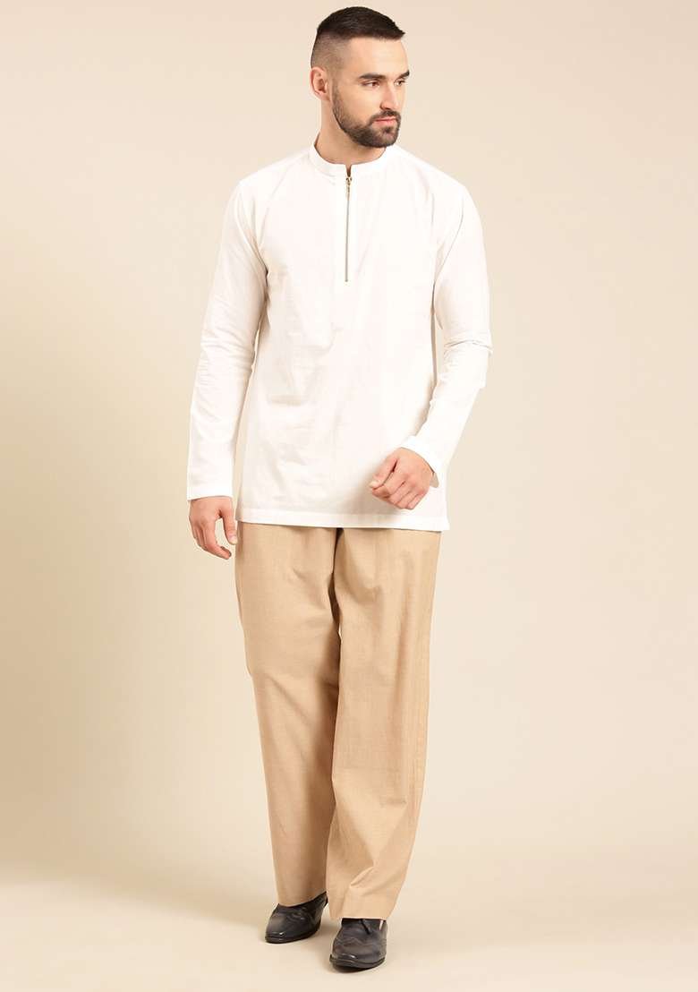 White Malai Cotton Short Kurta For Men - Indya