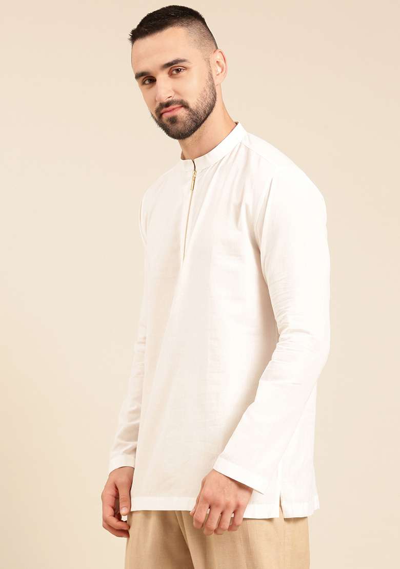 White Malai Cotton Short Kurta For Men - Indya