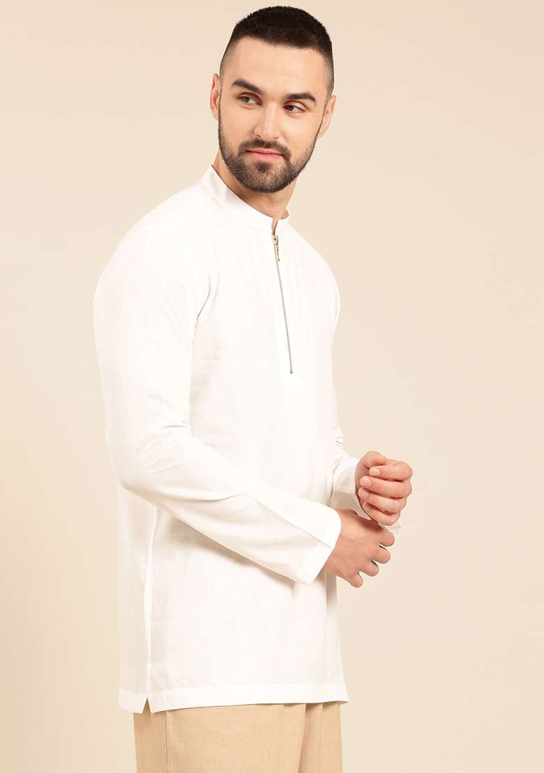 White Malai Cotton Short Kurta For Men - Indya