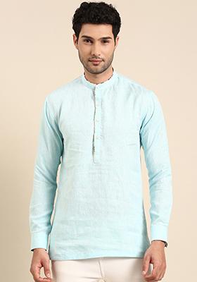 Sky Blue Linen Short Kurta For Men