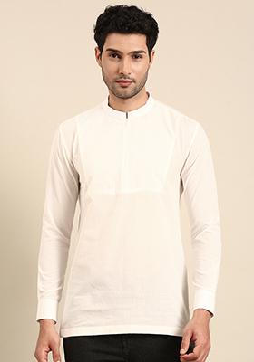 White Zippered Short Kurta For Men