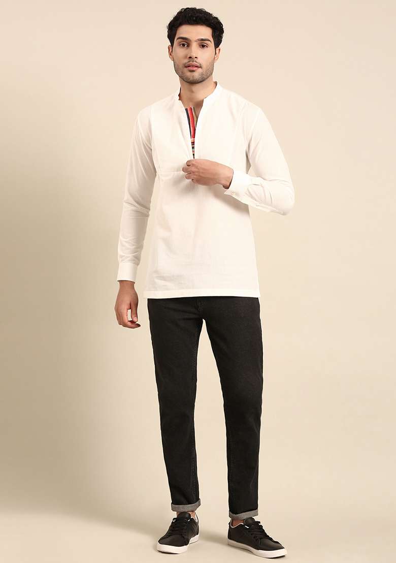 White Zippered Short Kurta For Men - Indya
