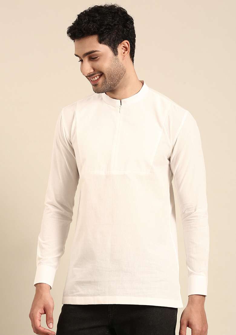 White Zippered Short Kurta For Men - Indya