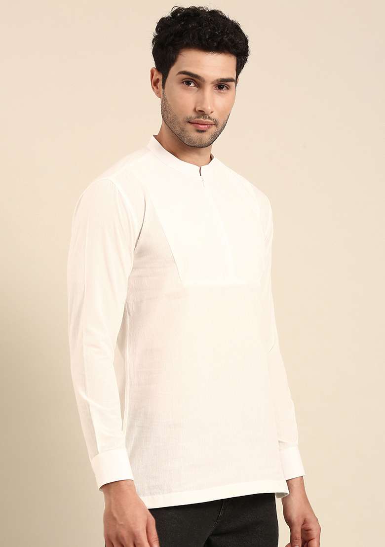 White Zippered Short Kurta For Men - Indya