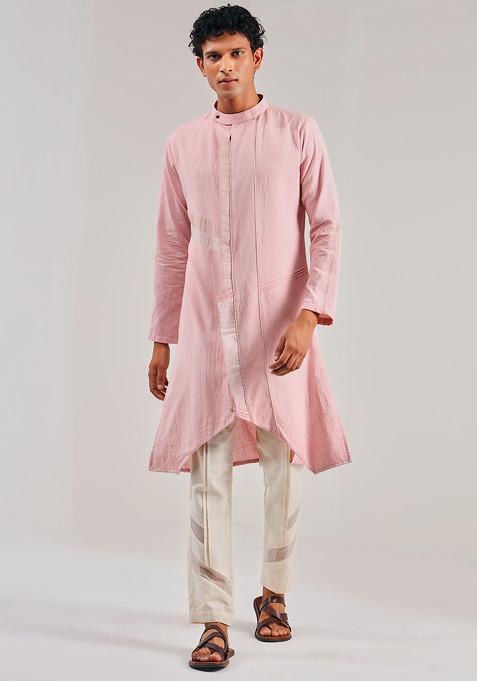 Pink Asymmetric Linen Kurta For Men