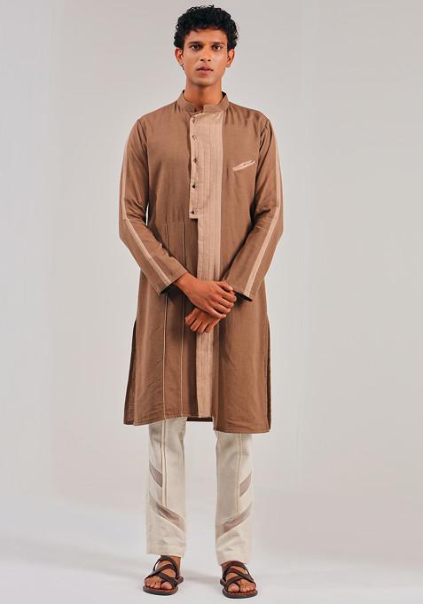 Brown Colourblocked Linen Kurta For Men