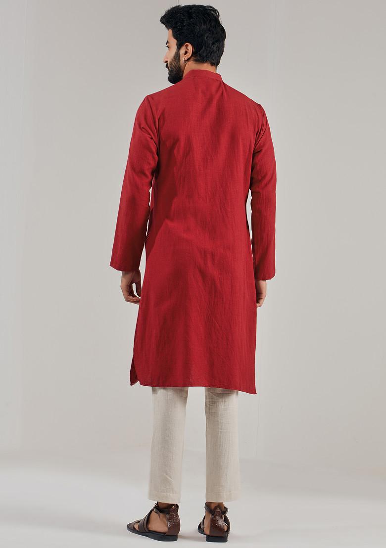 Red Asymmetric Button Down Kurta For Men - Indya