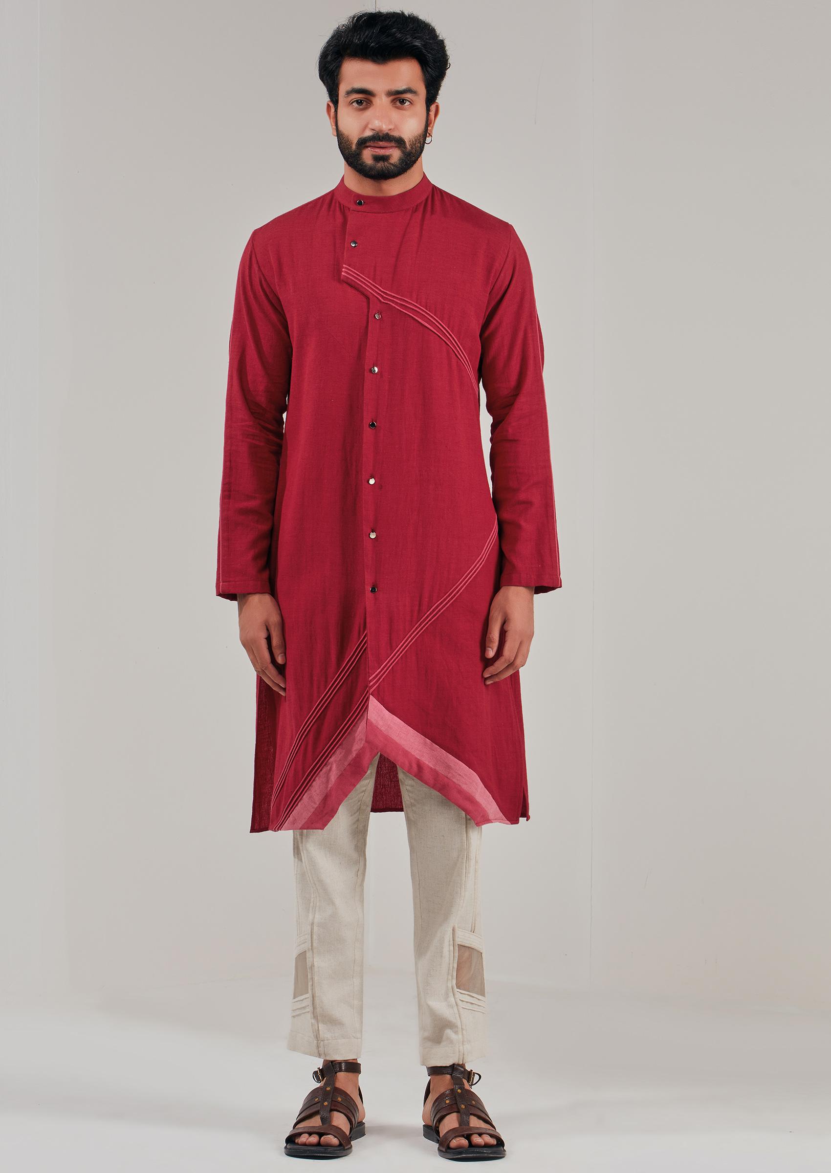 Red Asymmetric Button Down Kurta For Men - Indya