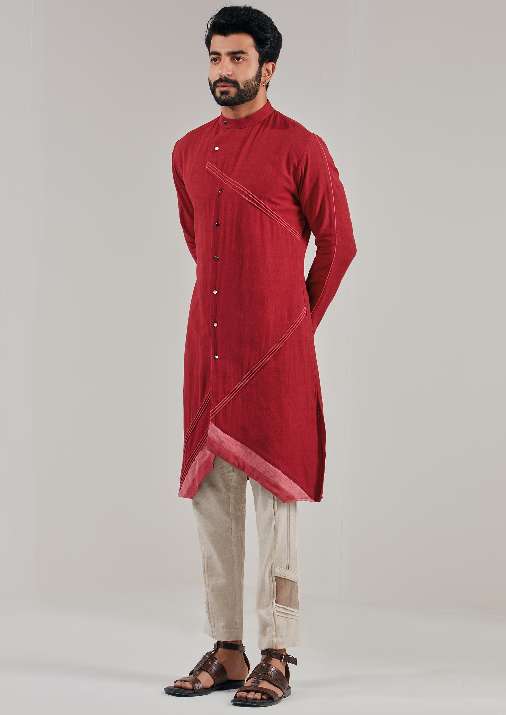 Red Asymmetric Button Down Kurta For Men - Indya
