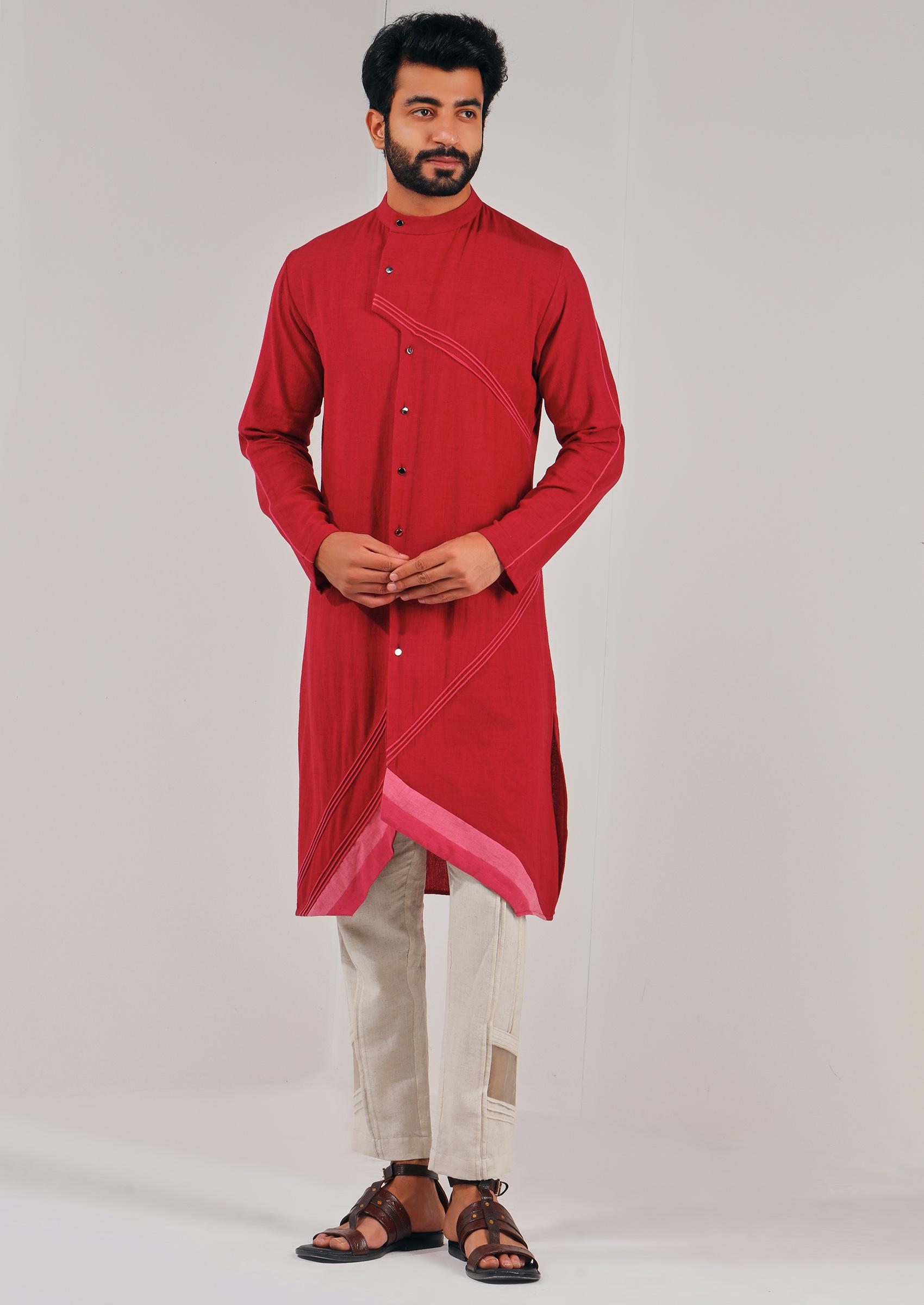 Red Asymmetric Button Down Kurta For Men - Indya