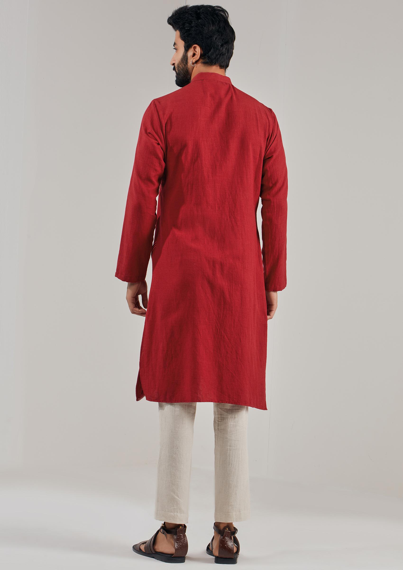 Red Asymmetric Button Down Kurta For Men - Indya