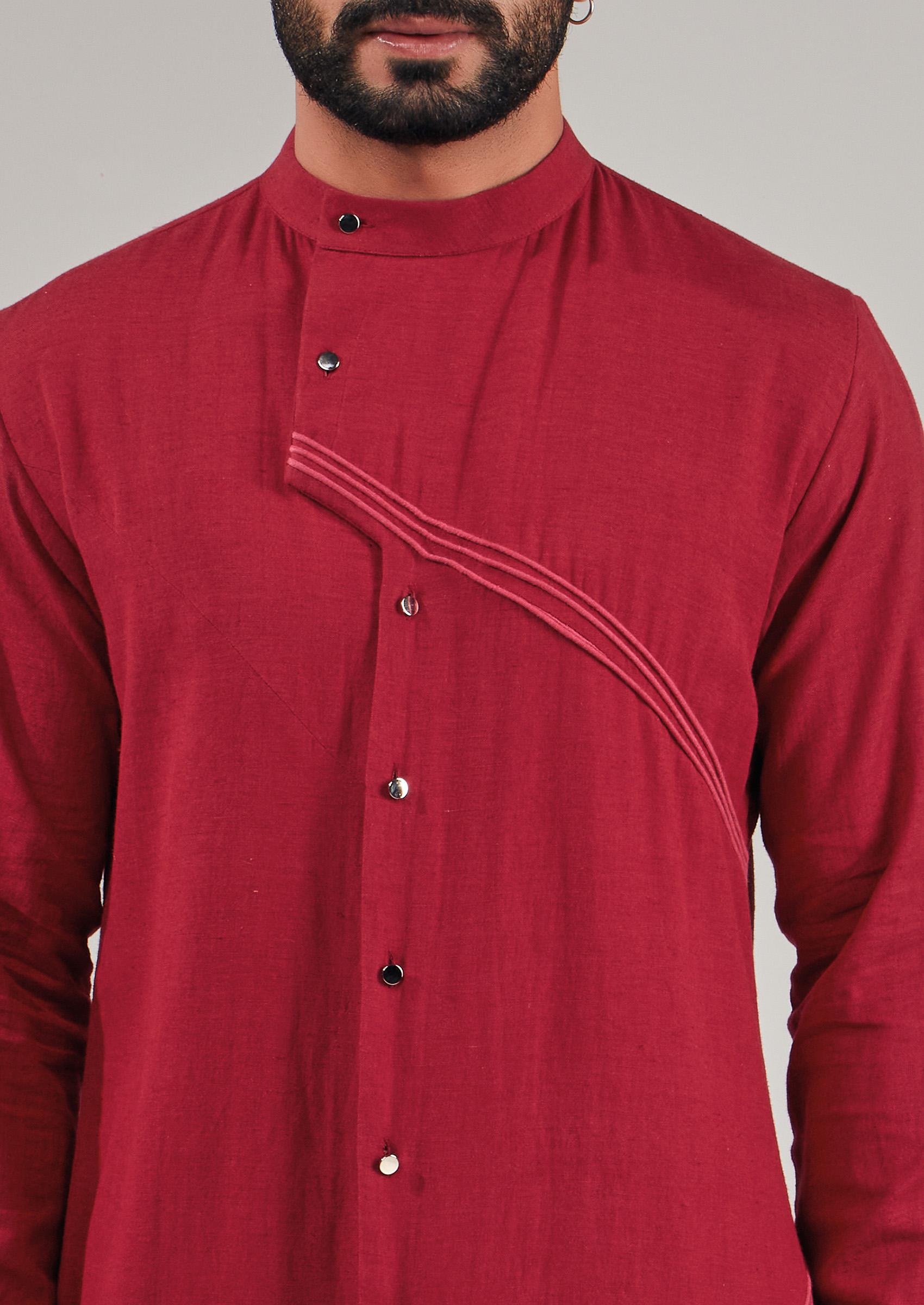 Red Asymmetric Button Down Kurta For Men - Indya