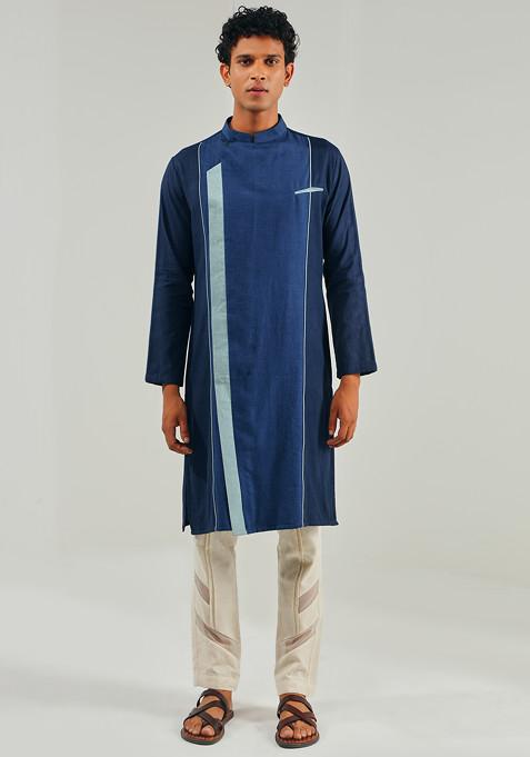 Blue Colourblocked Linen Kurta For Men