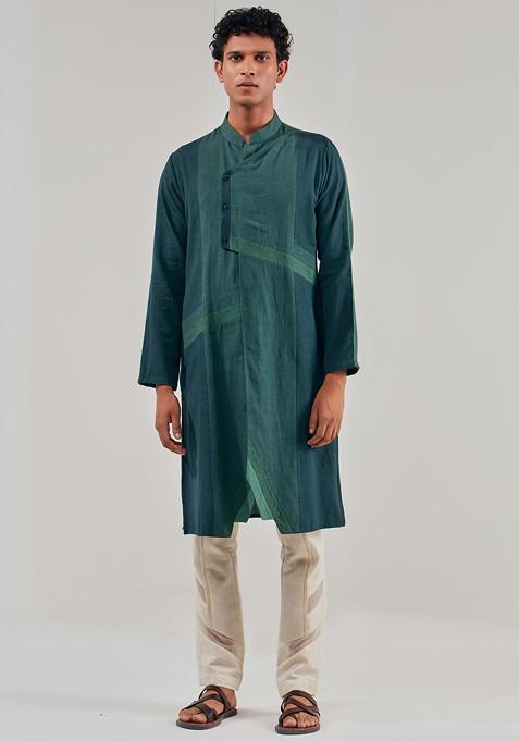 Green Asymmetric Linen Kurta For Men