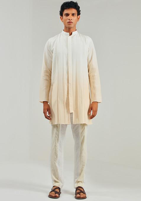 White Cotton Silk Ombre Kurta For Men