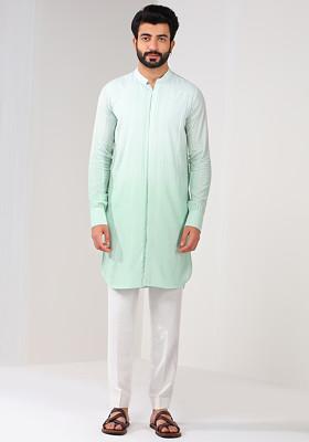 Blue Cotton Silk Ombre Kurta For Men