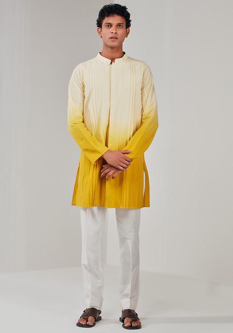 Yellow And White Ombre Cotton Silk Kurta For Men