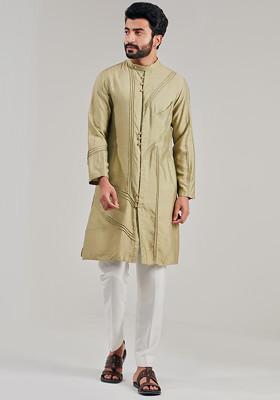 Green Pintuck Cotton Silk Kurta For Men