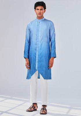 Blue Ombre Asymmetric Kurta For Men