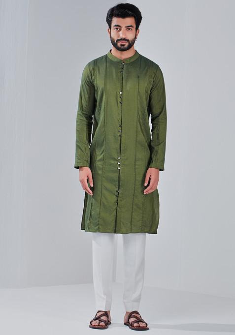 Mehndi Green Cotton Silk Kurta For Men