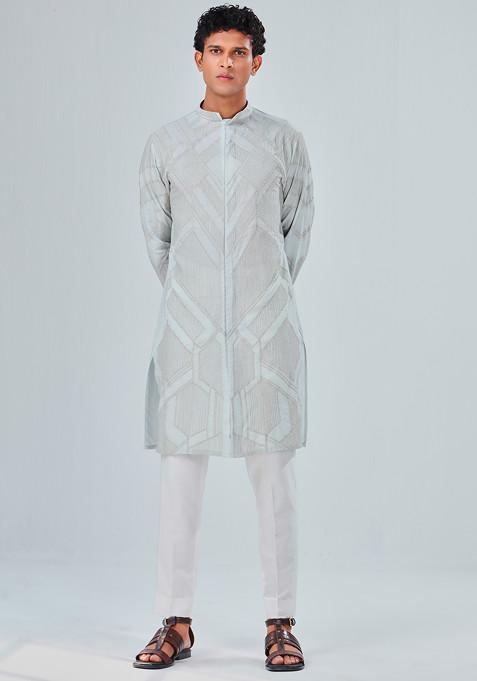 Powder Blue Abstract Embroidered Kurta For Men