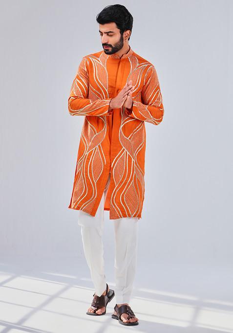 Orange Geometric Embroidered Kurta For Men