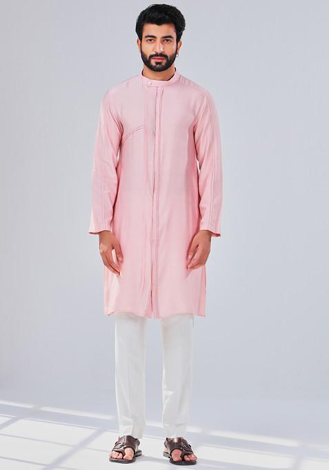 Light Pink Cotton Silk Kurta For Men