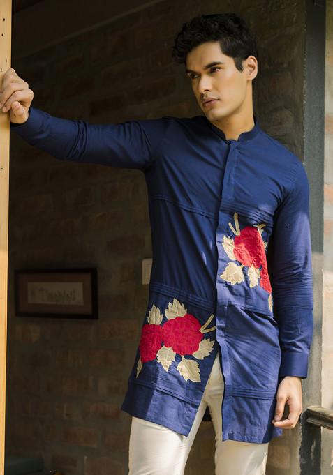 Blue Applique Embroidered Aahil Kurta For Men