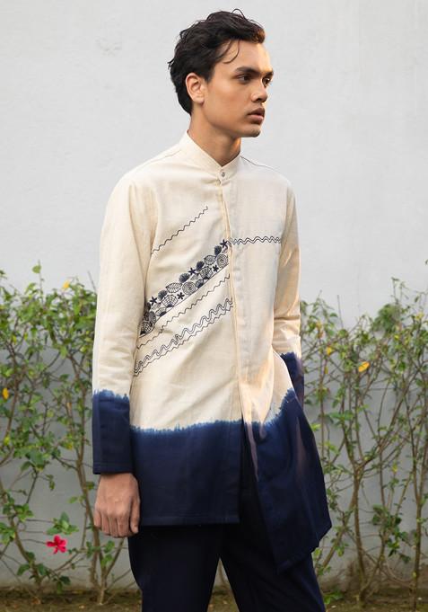 Blue And Ivory Embroidered Zian Kurta For Men