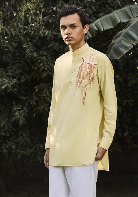 Yellow Embroidered Jelly Short Kurta For Men