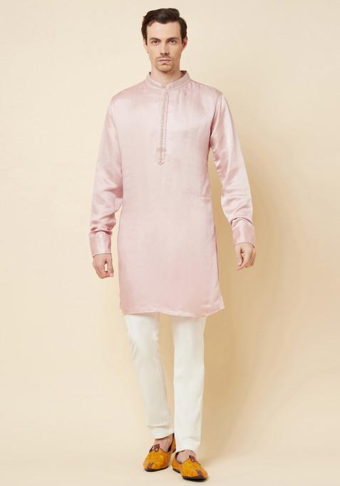 Pink Embroidered Kurta For Men