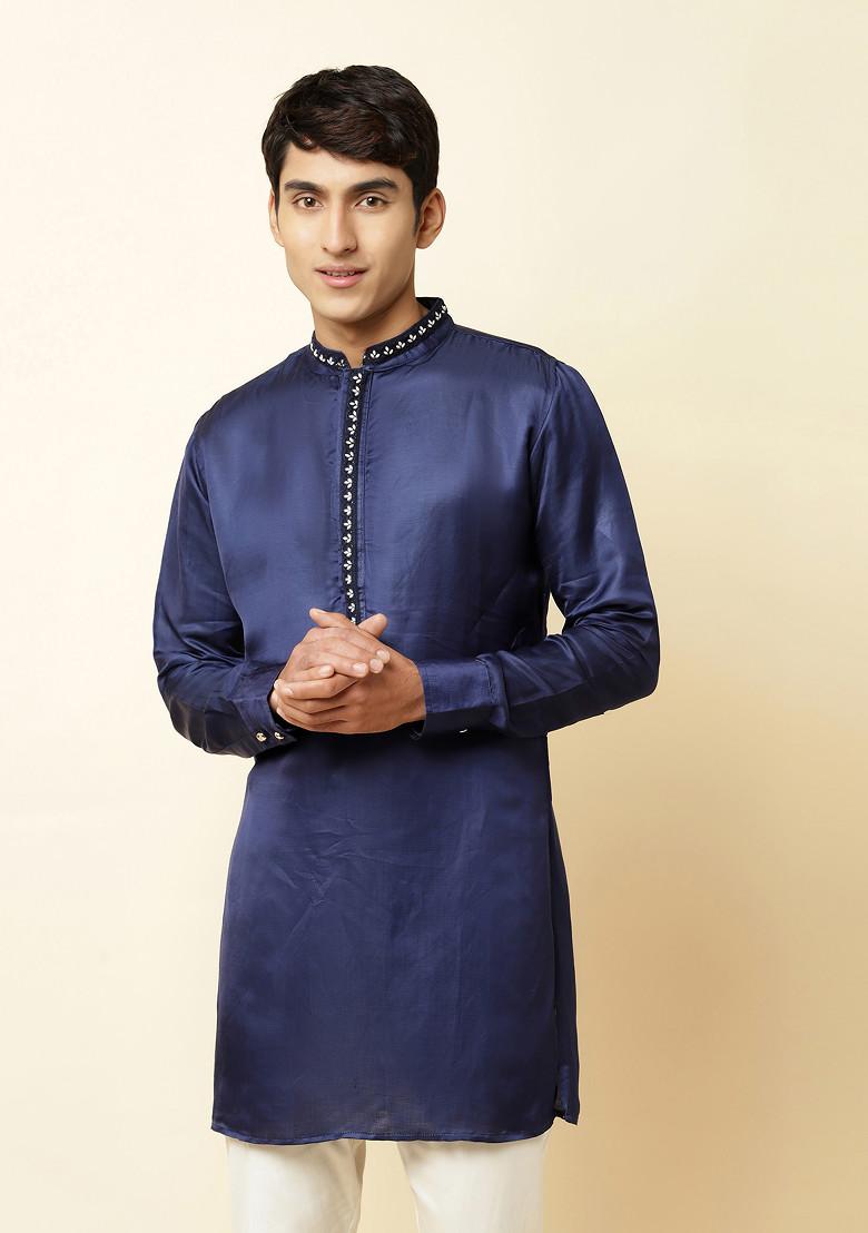 Ethnic Bay Men Navy Blue Silk Blend Solid Embroidered Straight Kurta and Trouser-MKSET1334
