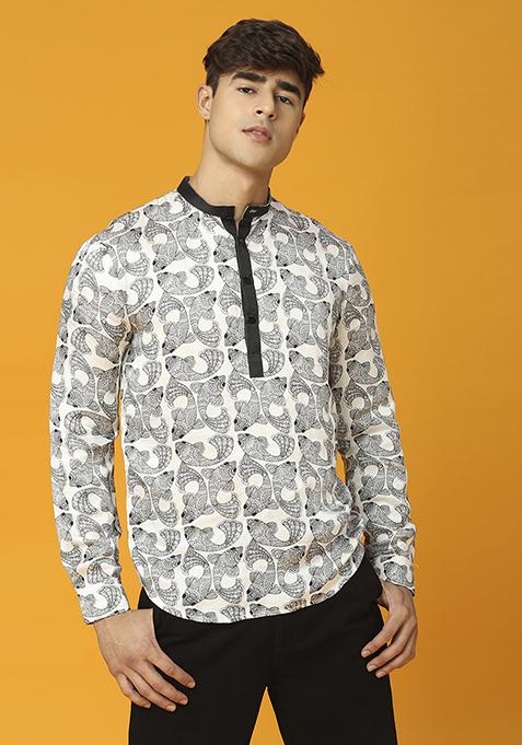 Black And White Fish Printed Short Kurta For Men