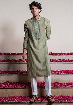 Green Glass Garden Mirror Work Kurta For Men