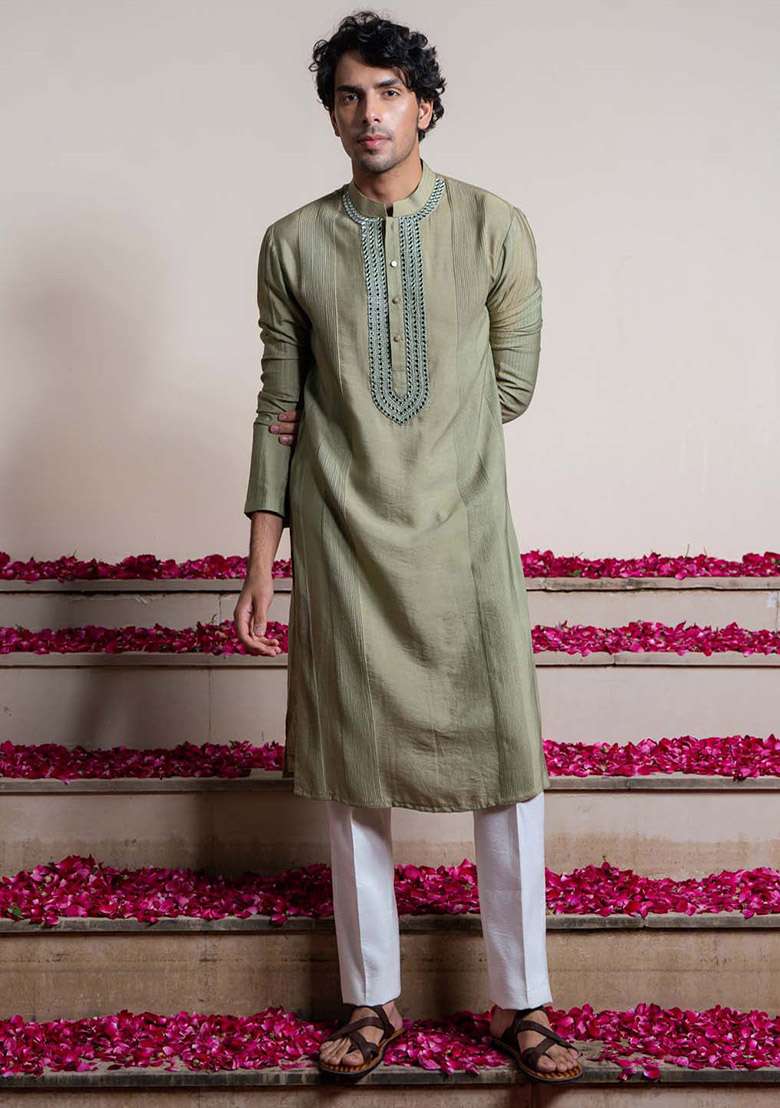 Green Glass Garden Mirror Work Kurta For Men - Indya