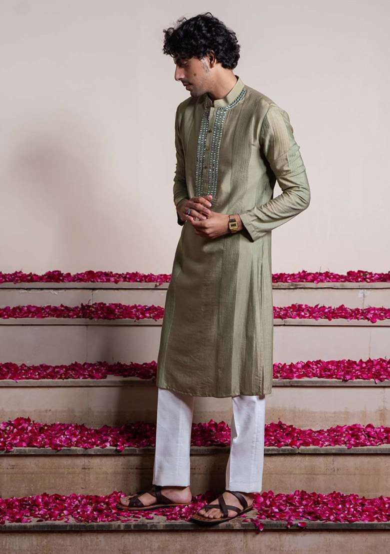 Green Glass Garden Mirror Work Kurta For Men - Indya