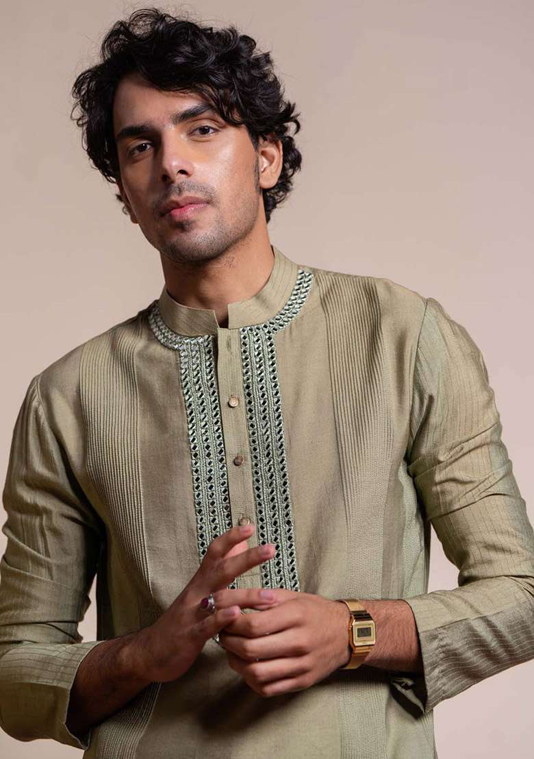 Green Glass Garden Mirror Work Kurta For Men - Indya