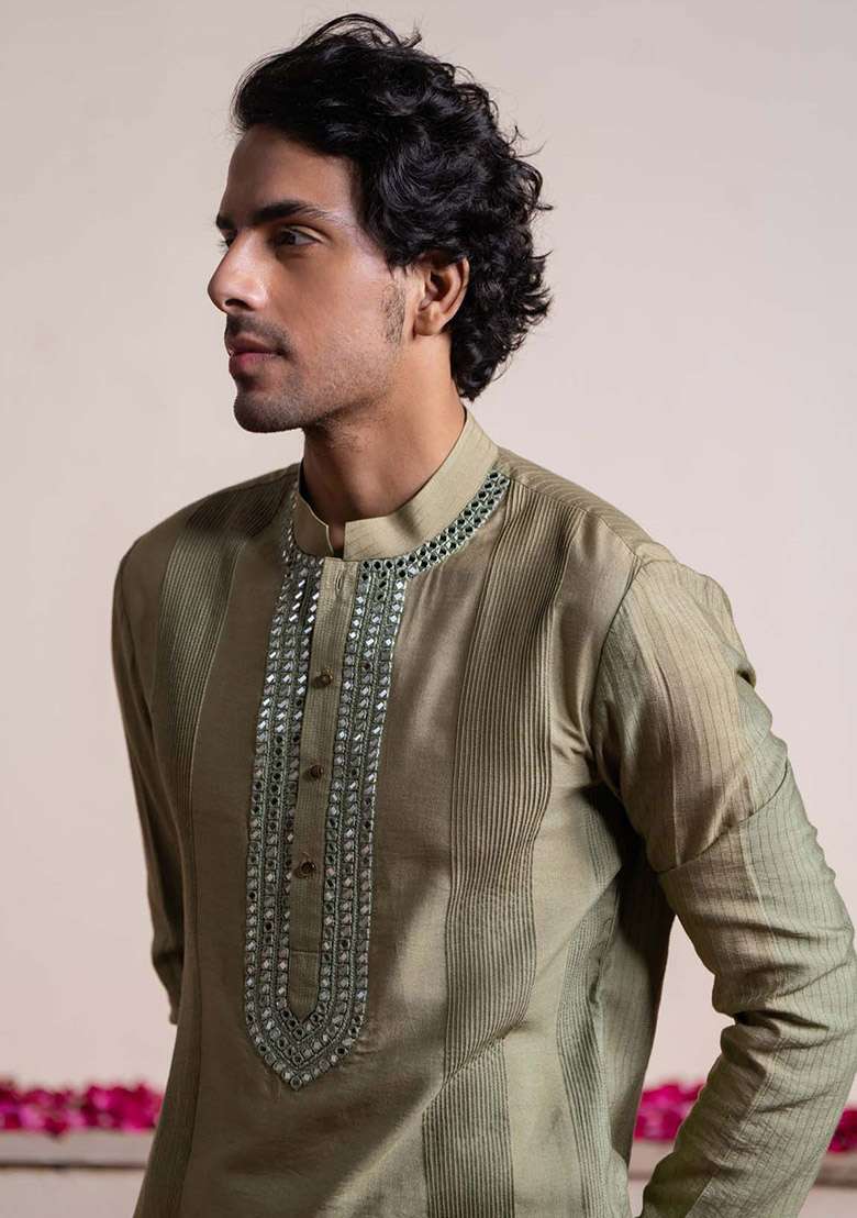 Green Glass Garden Mirror Work Kurta For Men - Indya