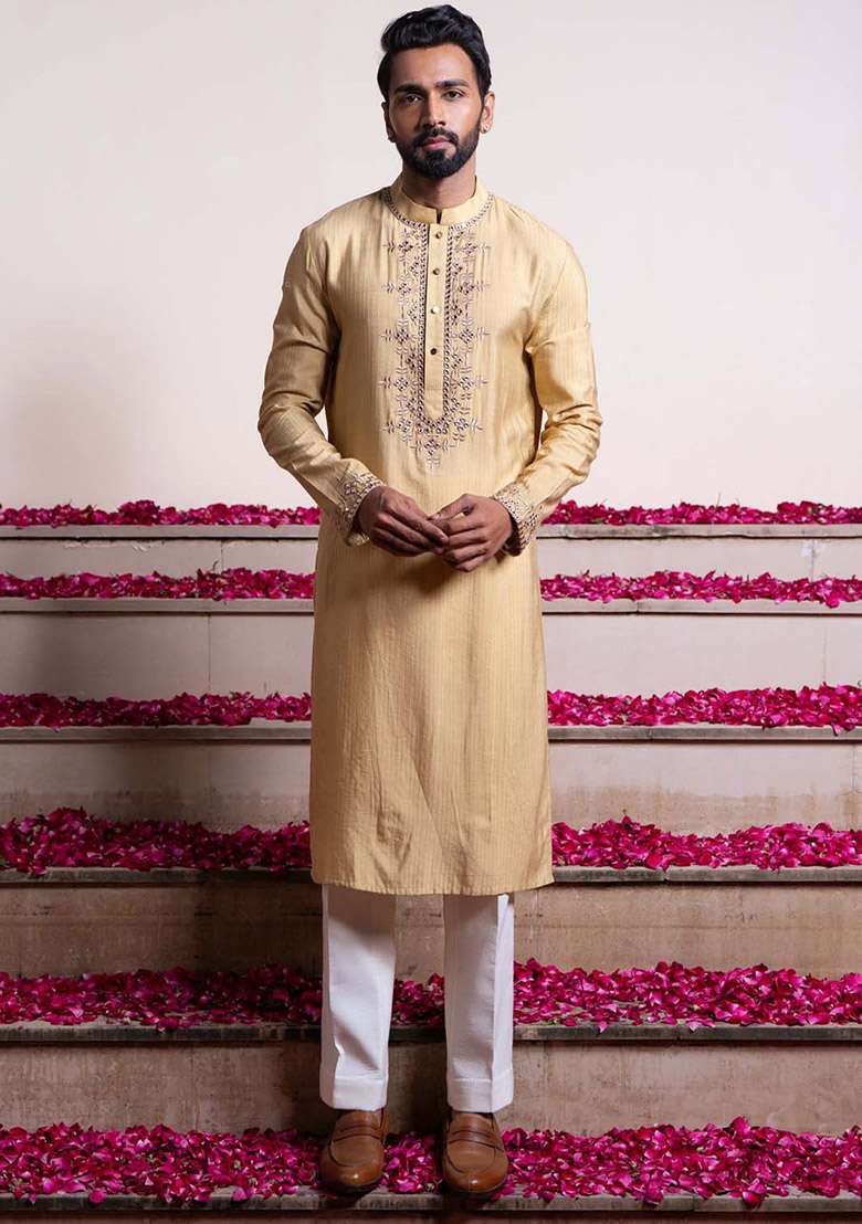 Golden Radiant Mirror Work Kurta For Men - Indya