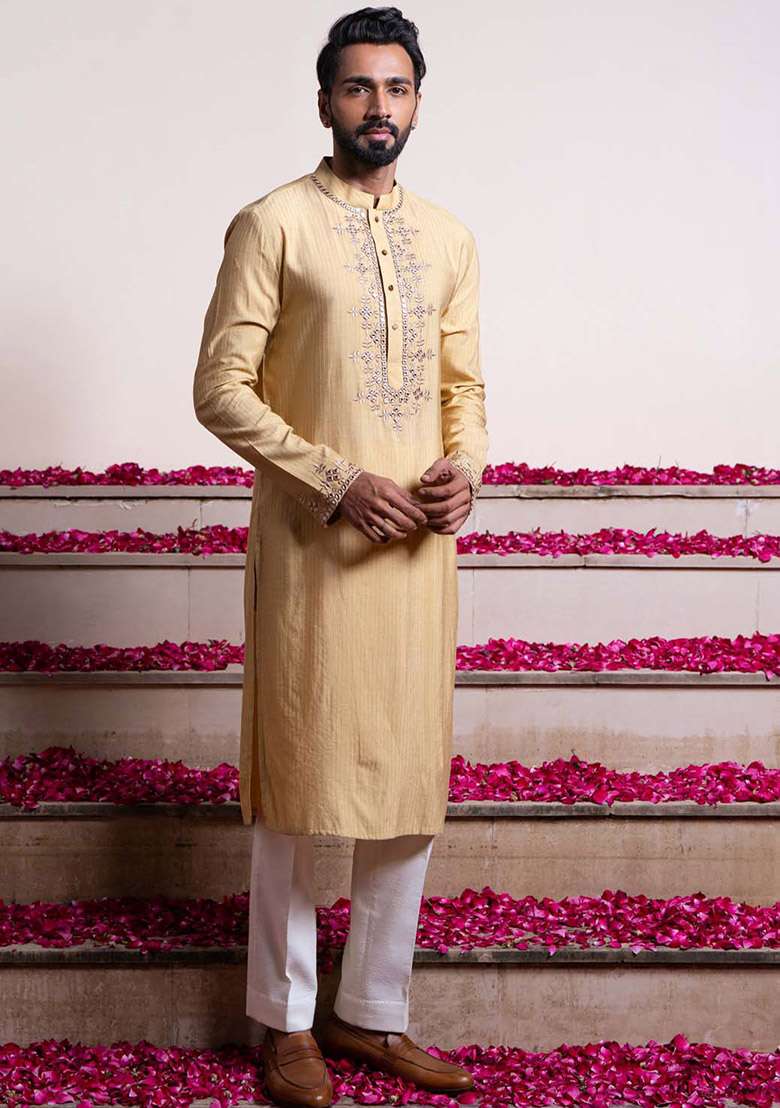 Golden Radiant Mirror Work Kurta For Men - Indya