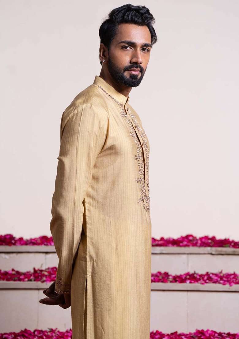Golden Radiant Mirror Work Kurta For Men - Indya