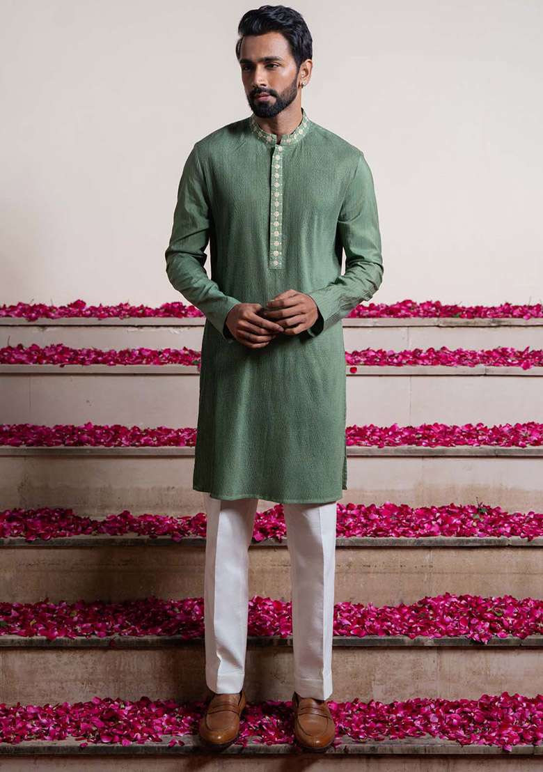 Green Elegant Pintuck Kurta For Men - Indya