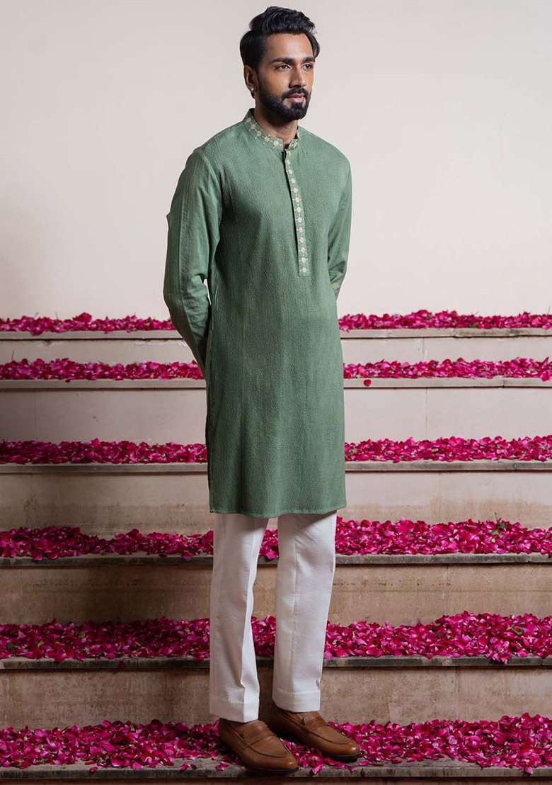 Green Elegant Pintuck Kurta For Men - Indya