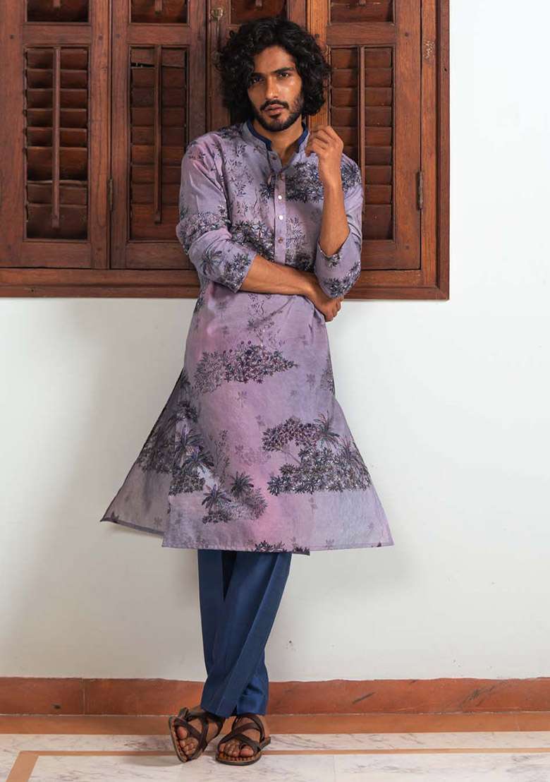 Blue Shyam Vann Digital Print Kurta For Men - Indya